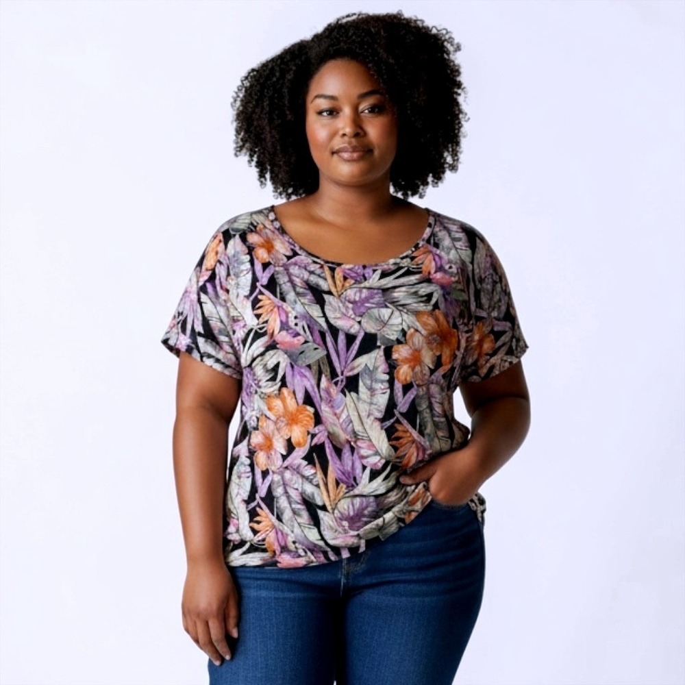 Vikki Vi Woman Tropical Floral Print Top Black Orange Purple 1X DVL4417 USA Made